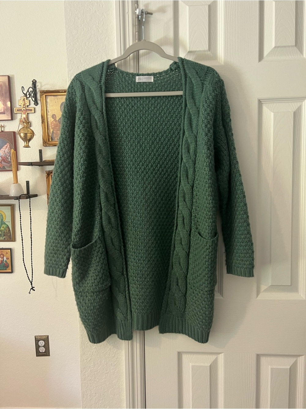 Cozy Dark Teal Green Open-Front Cable & Seed Stitch Cardigan